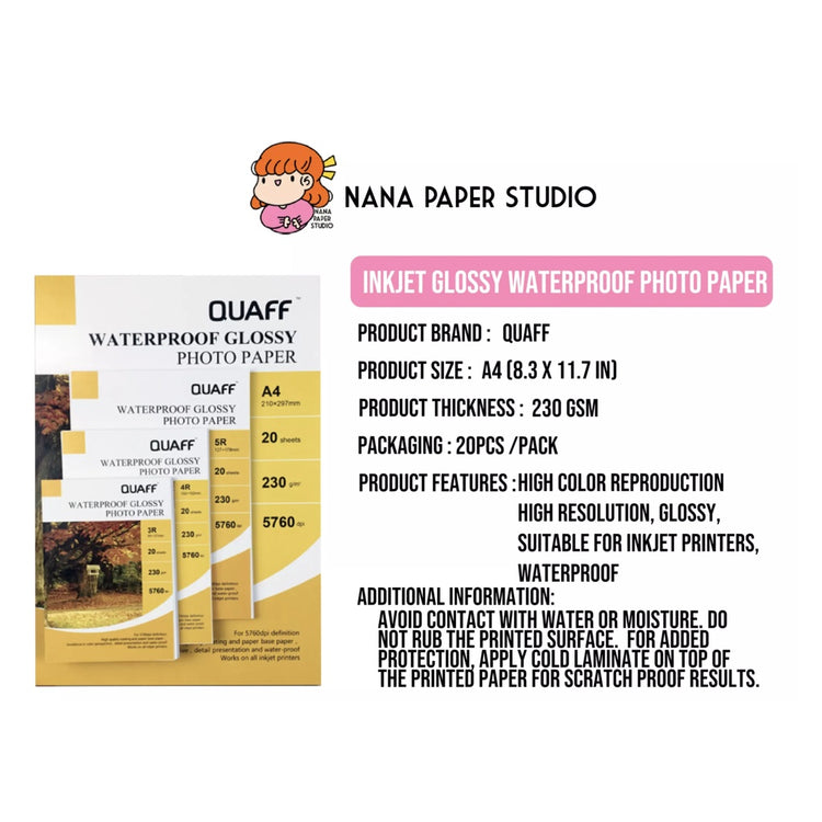 πΈπ¬A4 QUAFF Waterproof Glossy Inkjet Photo Paper 20 Sheets nana paper studio