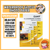 πΈπ¬A4 QUAFF Waterproof Glossy Inkjet Photo Paper 20 Sheets nana paper studio