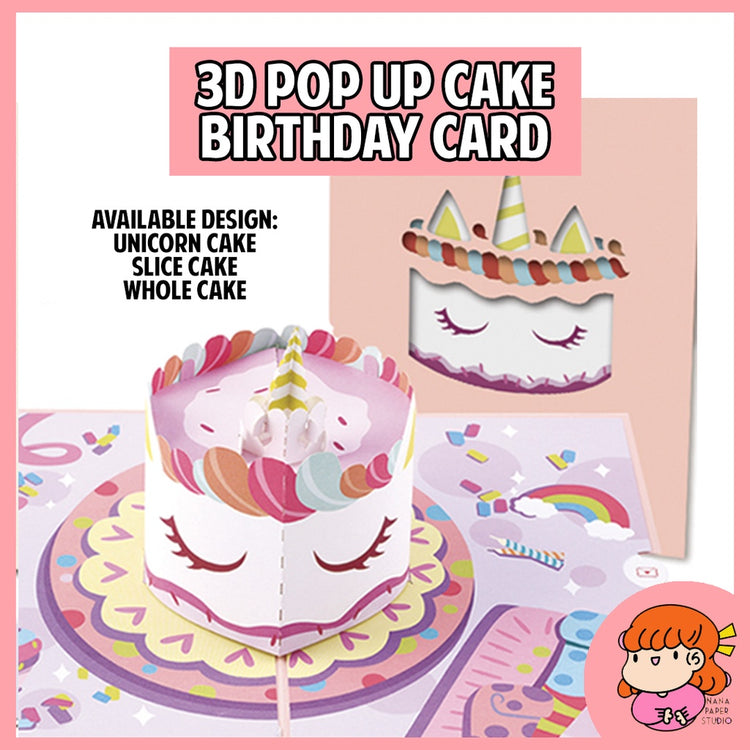 🇸🇬3D Unique Cute Cake Pop Up Birthday Greeting Card with Envelope 1PC