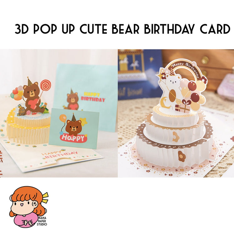 🇸🇬3D POP Out Bear Happy Birthday Greeting Card with Glitter Envelope 1PC nanapaperstudio