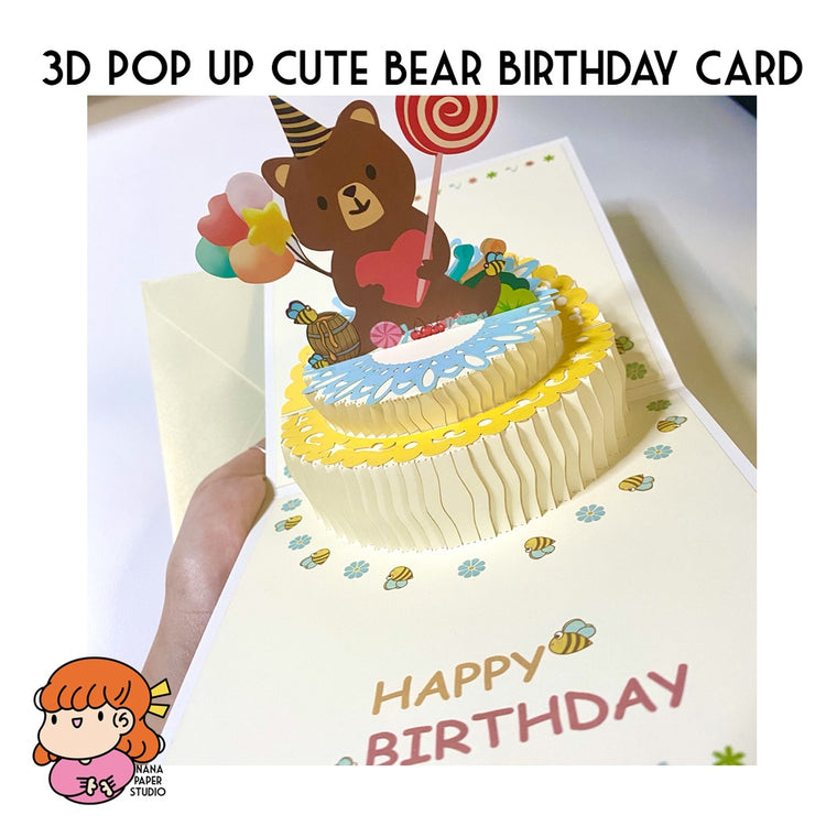 🇸🇬3D POP Out Bear Happy Birthday Greeting Card with Glitter Envelope 1PC nanapaperstudio