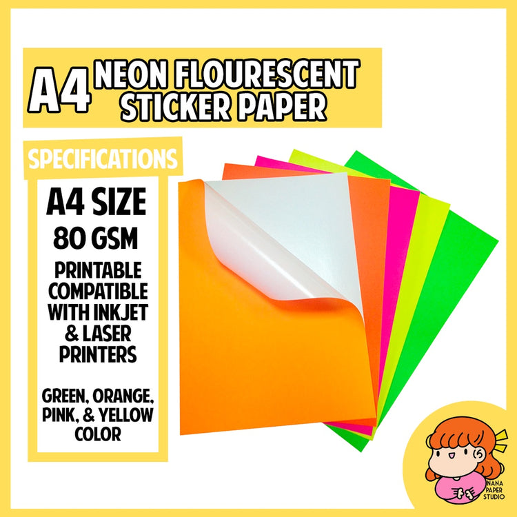 🇸🇬A4 Neon Fluorescent Printable Adhesive Sticker Papers