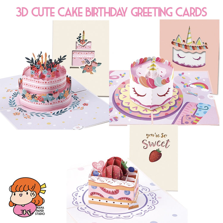 🇸🇬3D Unique Cute Cake Pop Up Birthday Greeting Card with Envelope 1PC