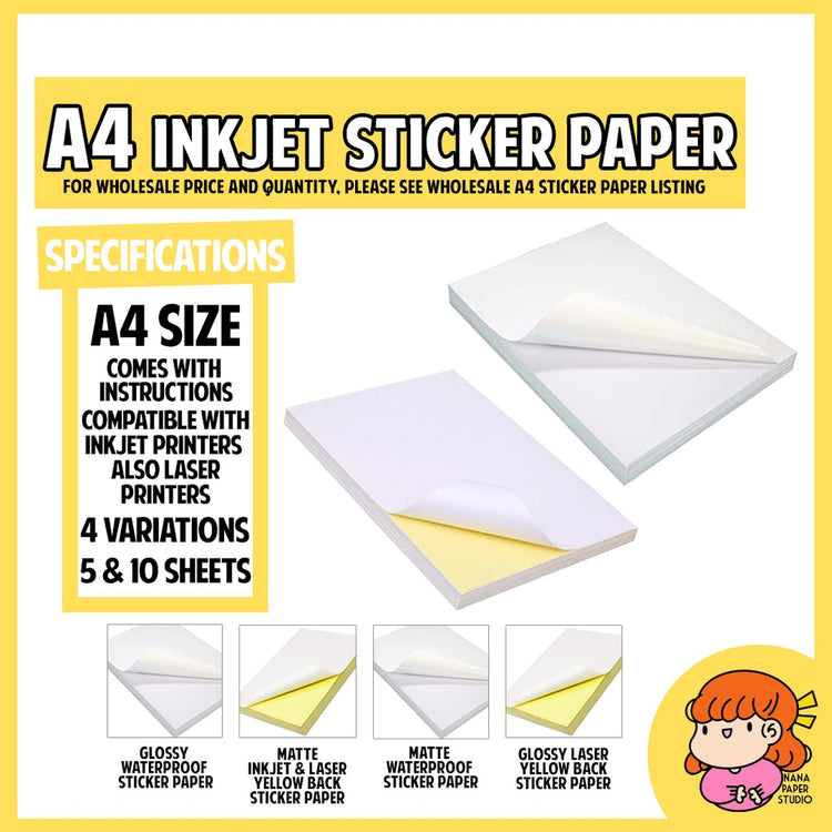 🇸🇬 Sticker Paper A4 Size Waterproof Vinyl Glossy Matte Adhesive FREE NORMAL MAIL nana paper studio