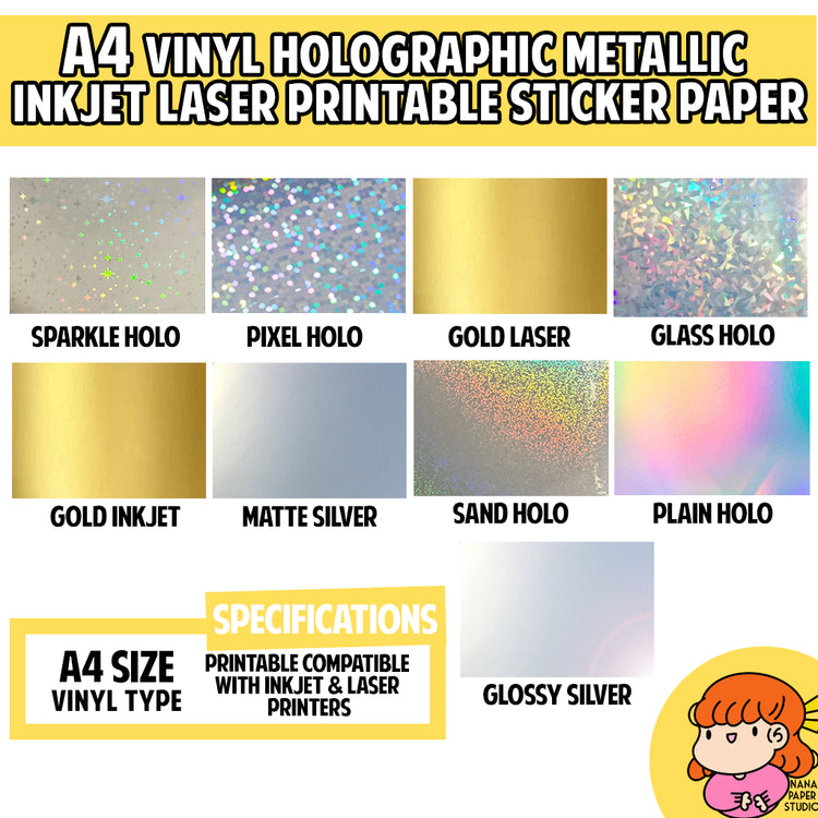 🇸🇬 A4 Vinyl Holographic Metallic Silver Gold Inkjet Laser Sticker Paper