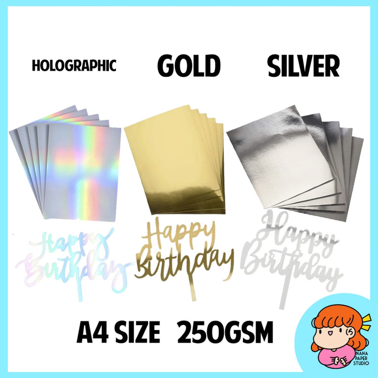 🇸🇬 A4 Metallic Gold Silver Holographic Iridescent Cardstock for DIY Cake Topper Name Projects Parties Events