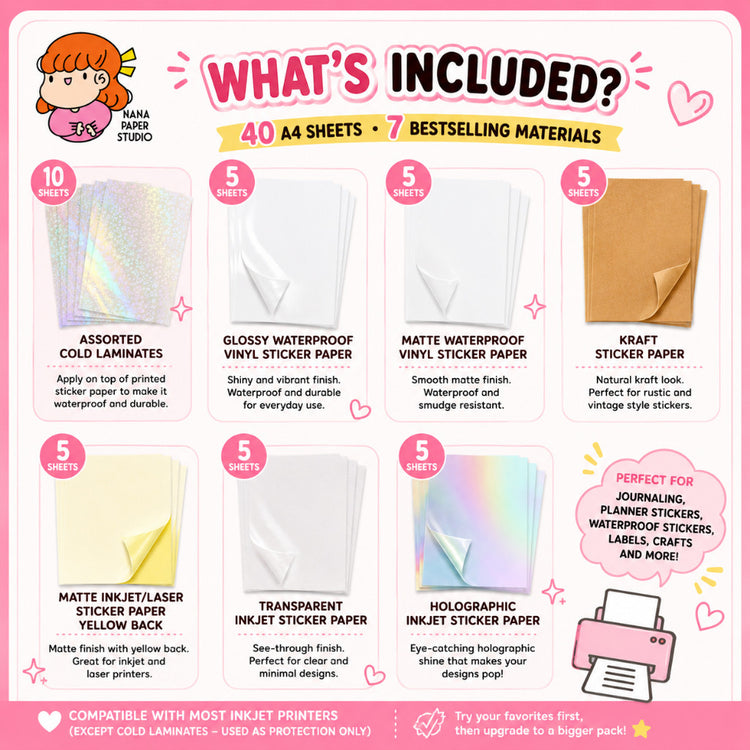 Ultimate Sticker Paper Pack Bundle - Nana Paper Studio for A4 Inkjet Printers